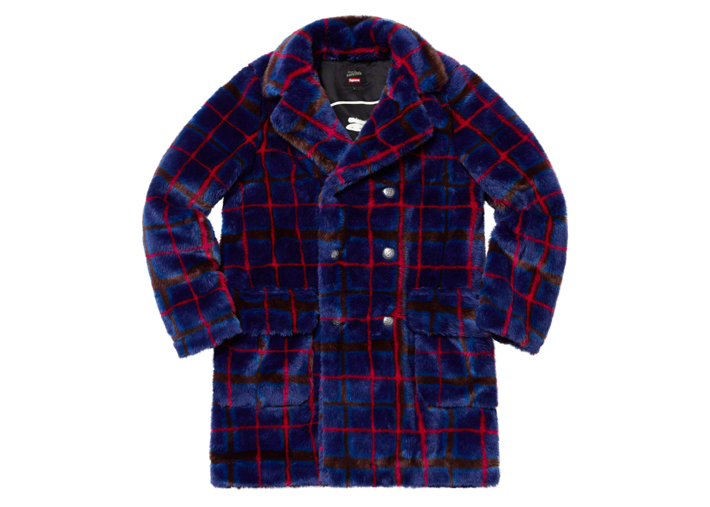 Supreme Jean Paul Gaultier Double Breasted Plaid Faux Fur Coat Blue