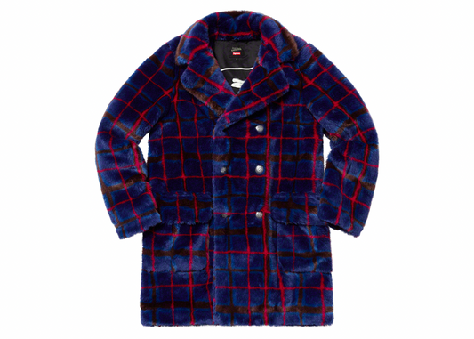 Supreme Jean Paul Gaultier Double Breasted Plaid Faux Fur Coat Blue