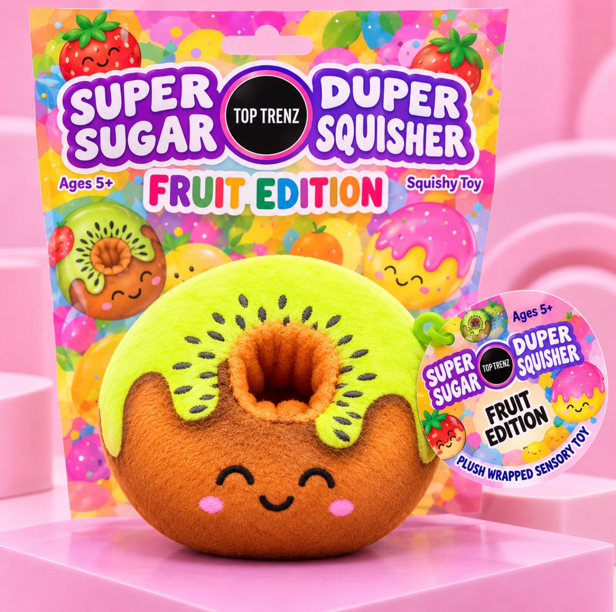 Top Trenz Super Duper Sugar Squisher Plush Sugar Fruit Donut – Kiwi Donut