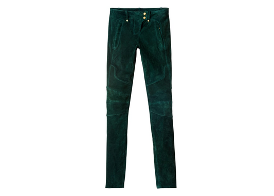 BALMAIN H&M Womens Dark-Green Suede Biker Skinny Pants