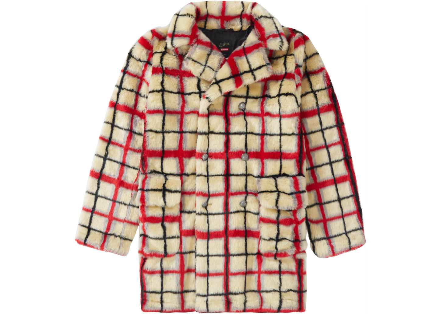 Supreme Jean Paul Gaultier Double Breasted Plaid Faux Fur Coat OffWhite